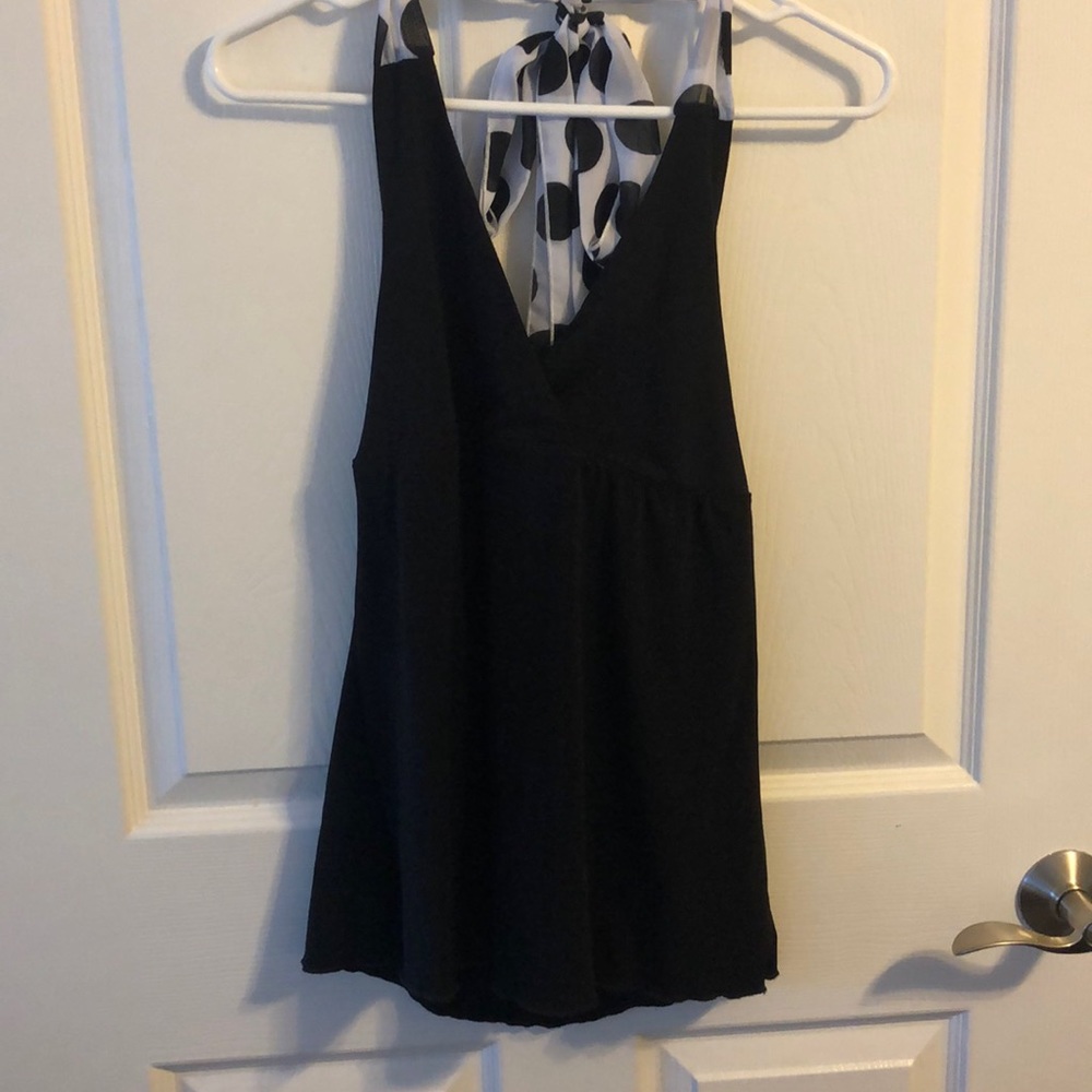 FANG Black Halter Tank Top Polka Dot Sash Tie Back